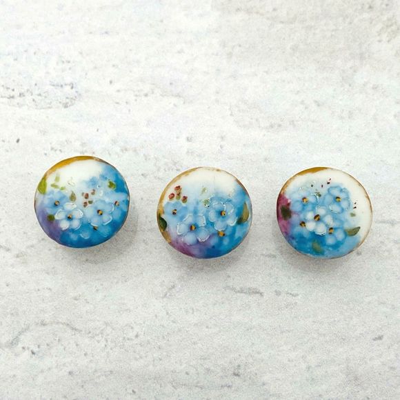 Set of Three Antique Hand Painted Porcelain Buttons Forget-Me-Nots Blue Round - Picture 3 of 8